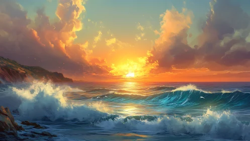 Sunset over coastal waves with illuminated cloud formations.