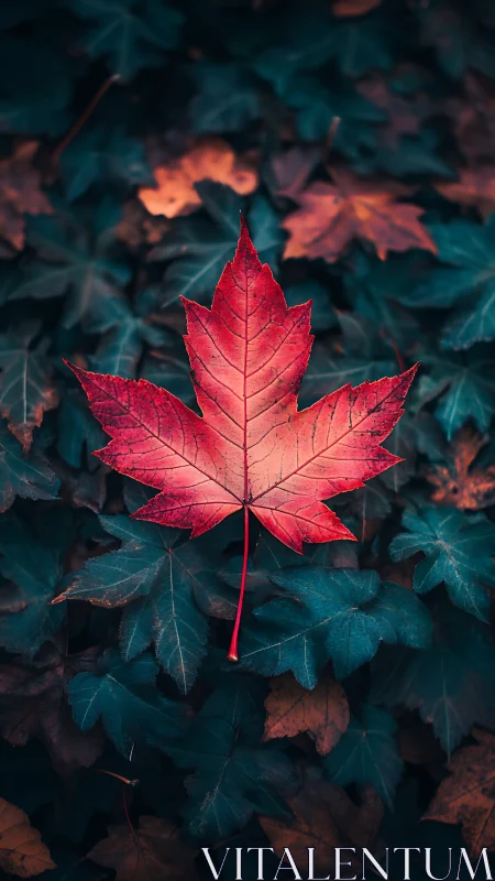 Red maple leaf on dark teal foliage background viewed above.