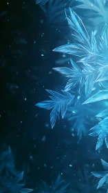 Sharp blue ice crystal leaves on dark abstract background.