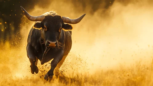 Running bull moves forward through dust in backlit field