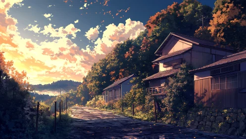 Sunlit rural street lines hillside houses under bright clouds