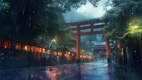 Rain falls on lantern lit Japanese shrine street at night