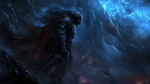 Brooding dark knight stands beneath a storm-lit cosmic sky