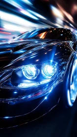 Rendered sports car front view shows motion blur and light trails