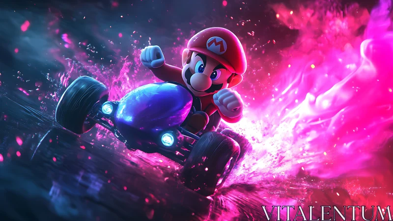 Kart racer speeds through neon smoke on slick wet track