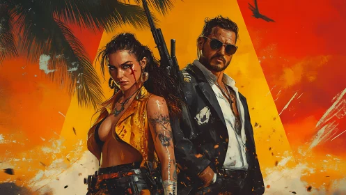 Bold outlaw duo stands strong under a blazing sunset sky