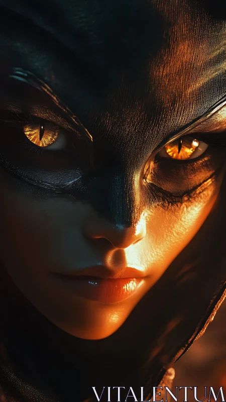 Hooded figure close-up with glowing amber eyes in shadow.