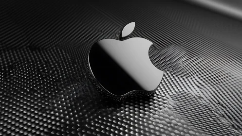 Glossy metallic Apple logo on textured black surface.