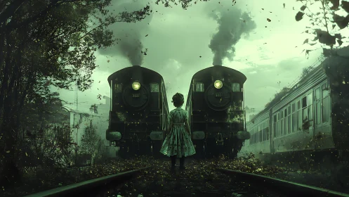 Child standing before two steam locomotives at dusk.