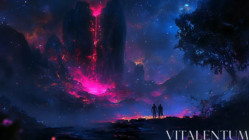 Distant humanoid figures before luminous alien canyon.