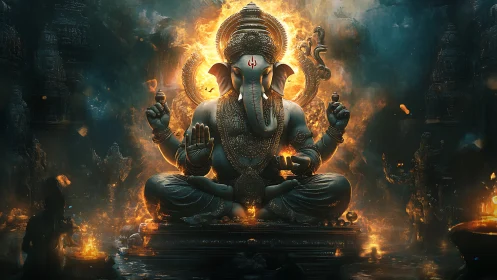 Radiant elephant deity sits in calm power within sacred fire