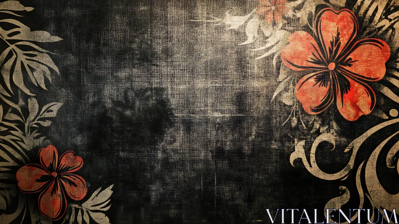 Grunge floral canvas background with distressed hibiscus overlay