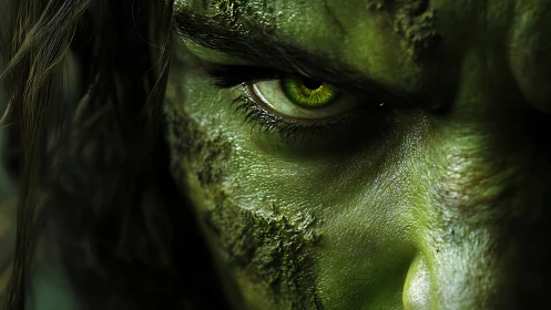 Close green eye of painted character in extreme macro view.