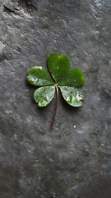 Hydrated clover leaflet on textured stone substrate surface.