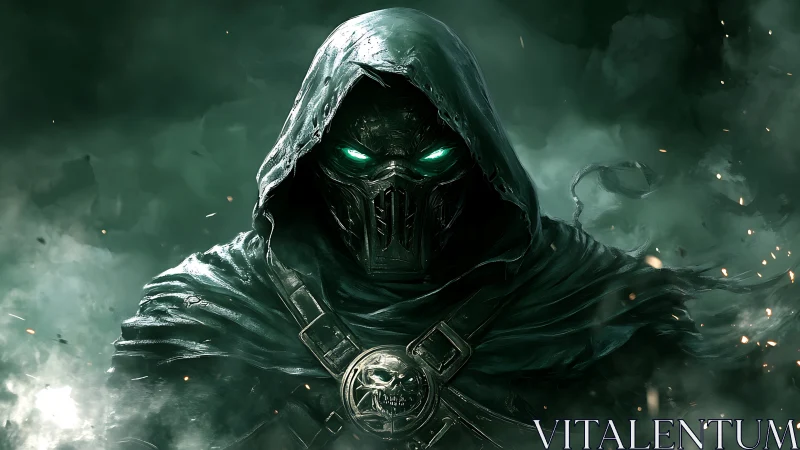 Hooded cyber wraith with glowing eyes in storm haze.