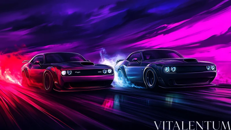 Neon muscle car street race under vivid cyberpunk sky.