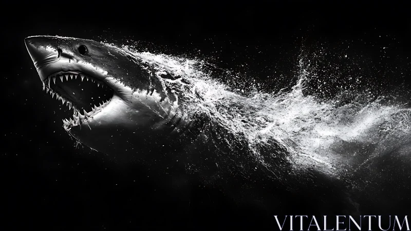 Monochrome great white shark erupting as fluid particle stream