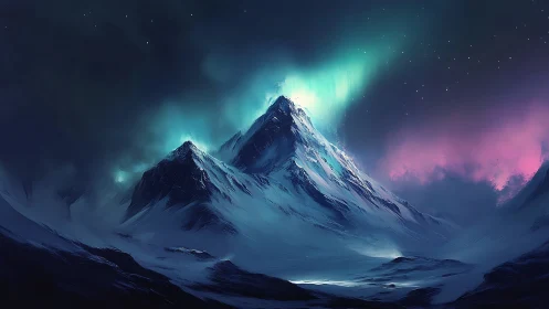 Glacial summit under luminous teal and magenta aurora sky.