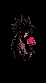 Silhouetted spiky-haired figure holds a single detailed rose