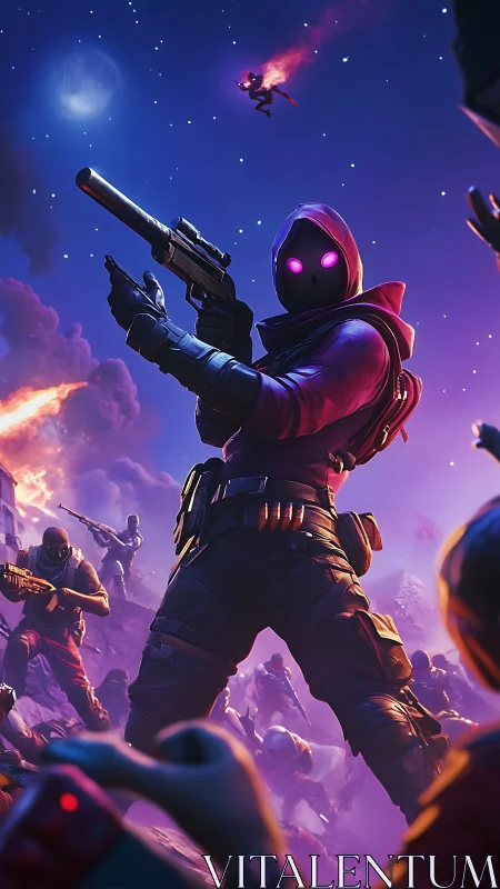 Hooded neon-eyed gunfighter leads sci-fi night battle.