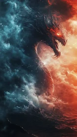 Bilateral elemental sea serpent emerging from turbulent clouds.