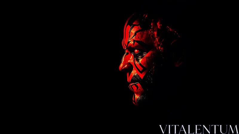 Red painted male face in harsh side light on black background.