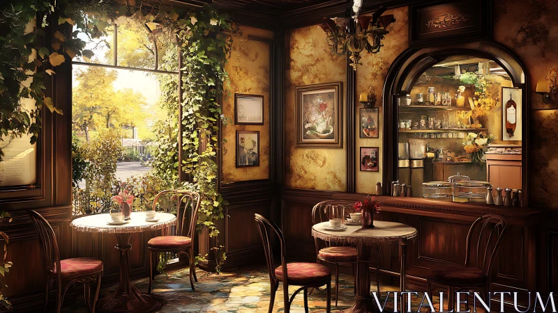 Sunlit vintage caf&eacute; interior frames warm autumn street view