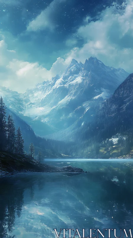 Glacial peaks mirrored in ethereal twilight lakescape.