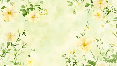 Yellow daisies and green foliage on pale background.