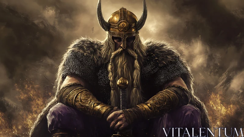 Digital painting of a brooding Viking warlord in chiaroscuro armor.