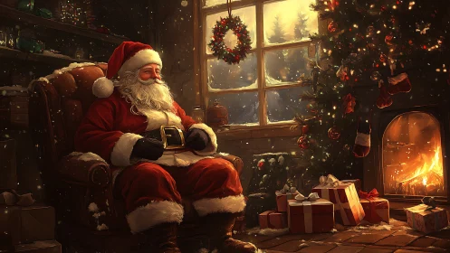 Cozy Santa resting by the fire in a glowing Christmas room.