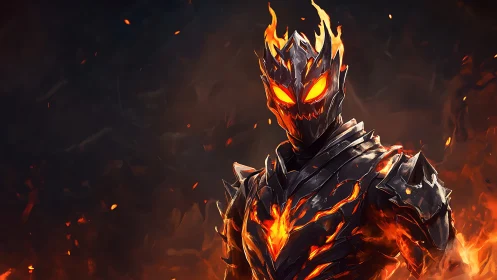 Fiery armored spirit stands glowing bright in the burning dark