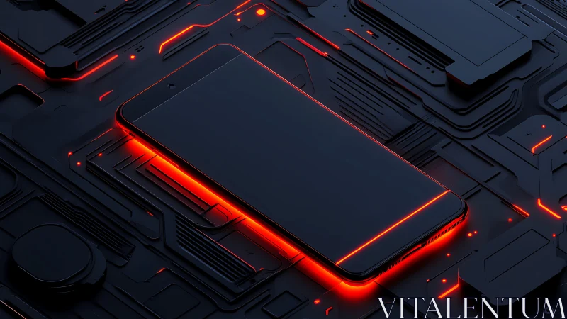 Smartphone on circuit-like surface with red edge lighting.