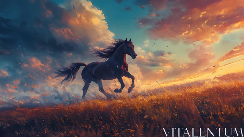 Wild horse sprinting under blazing sunset sky horizon.