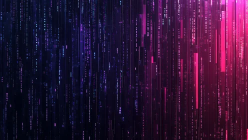 Vertical digital code columns form structured neon data field