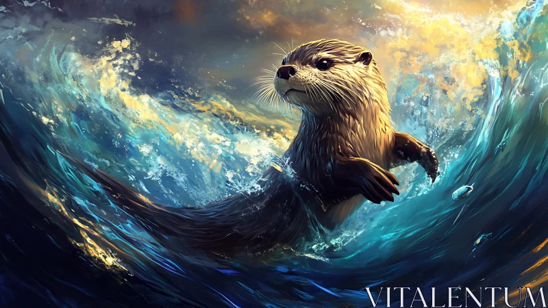 Surf-sorcerer otter rides a painted stormwave horizon.