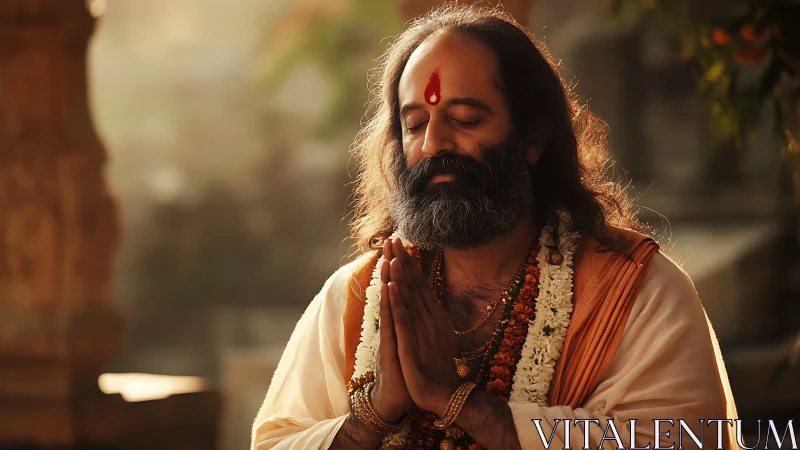 Middle-aged man in prayer pose with garlands outdoors.