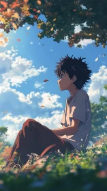 Sunlit daydream boy beneath drifting autumn whispers.