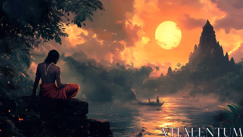 Monk observes temple across misty river under saturated sunset