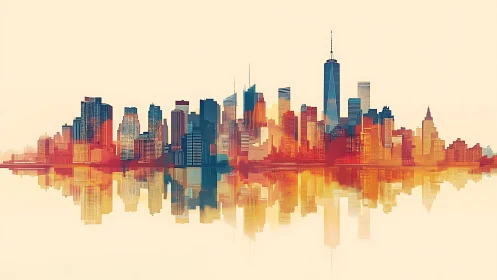 Digital painting skyline with mirrored chromatic city massing.