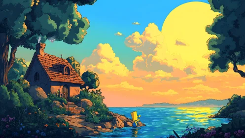 Cartoon coastal cottage faces bright sunset over water