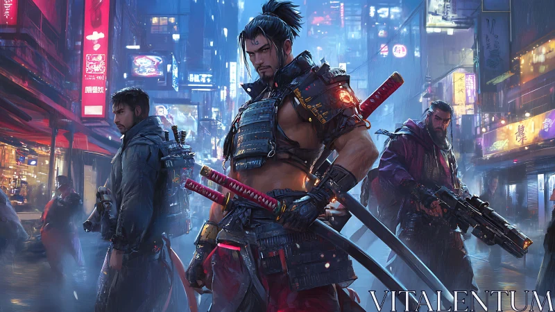 Cyberpunk ronin squad stalking neon-soaked city streets.