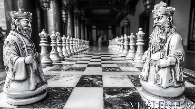 Regal stone kings stare down a marble corridor battlefield.