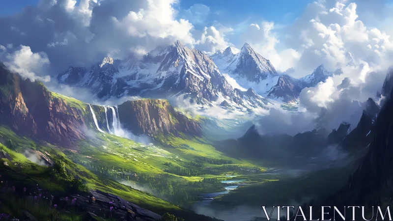 Cloud-kissed emerald valley beneath silver-spired peaks.