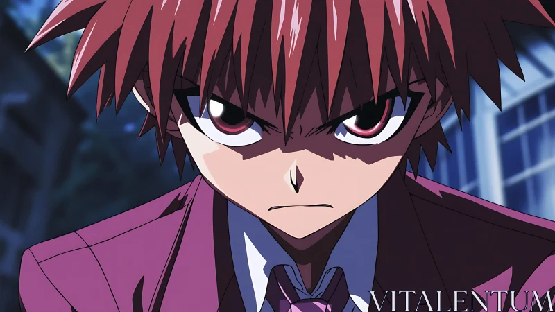 Intense red haired anime boy in uniform stares forward.