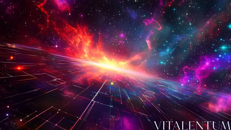 Neon space horizon merges cosmic nebulae with digital light