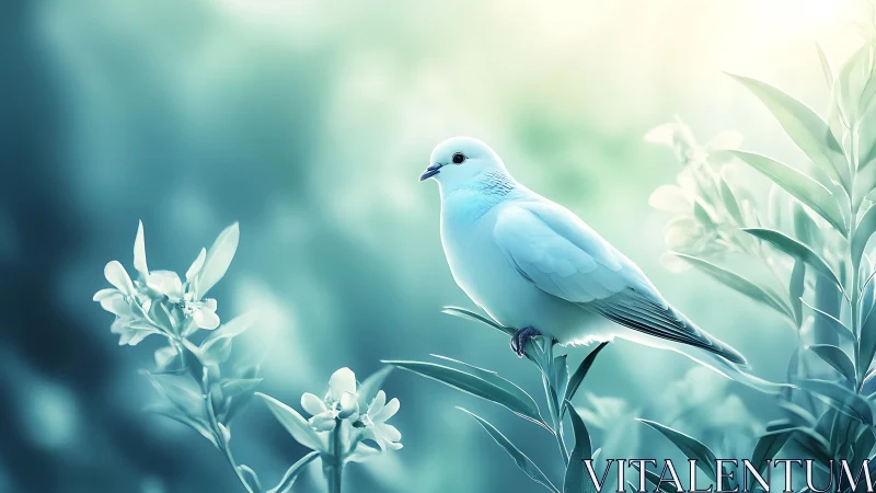 Pale Blue Dove Perched Among Delicate White Flowers