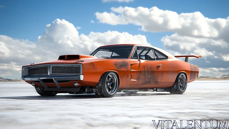 Orange muscle car powers across sunlit salt flat horizon.