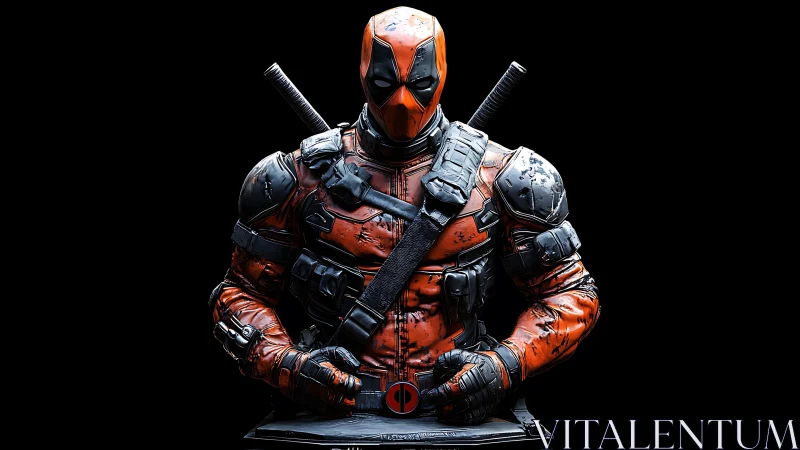 3D bust of armored red-masked antihero on dark ground plane.