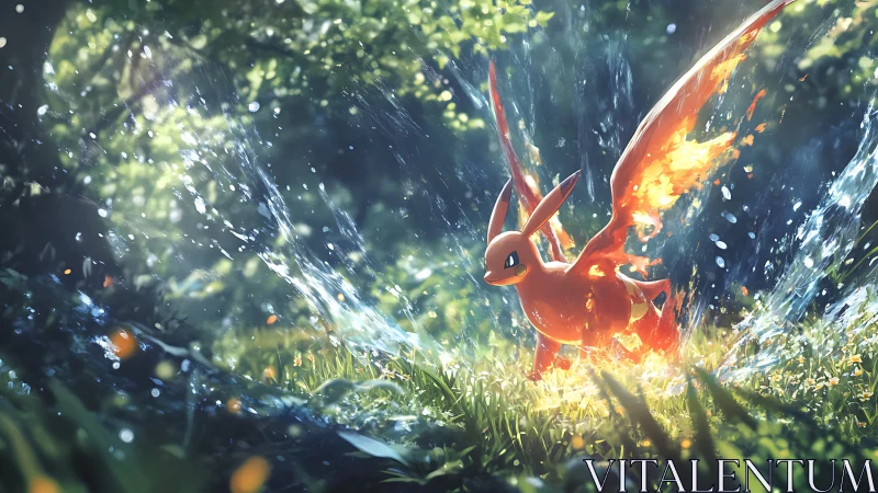Fiery winged creature bursts through splashing forest stream with backlit flames